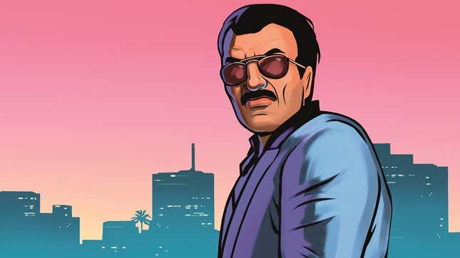 Some Vice City artwork, showing a moustachioed man wearing sunglasses.