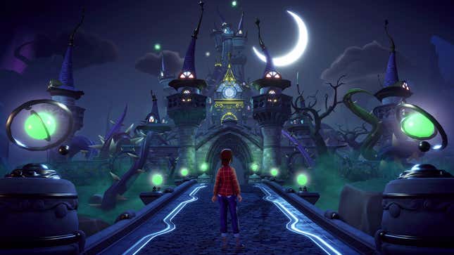 A Disney Dreamlight Valley character stands on a road leading to a scary castle. 
