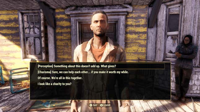 An NPC engages the player in conversation in Fallout 76.