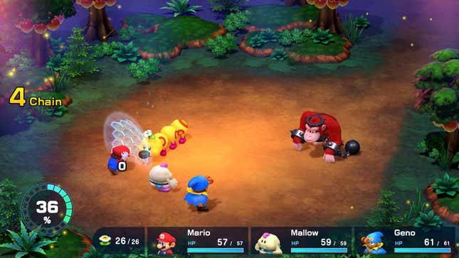 Mario and party fight a wiggler in the Super Mario RPG remake.