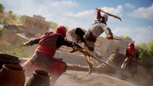 Assassin's Creed Mirage protagonist Basim Ibn Ishaq leaps toward a red-clad, sword-wielding attacker.
