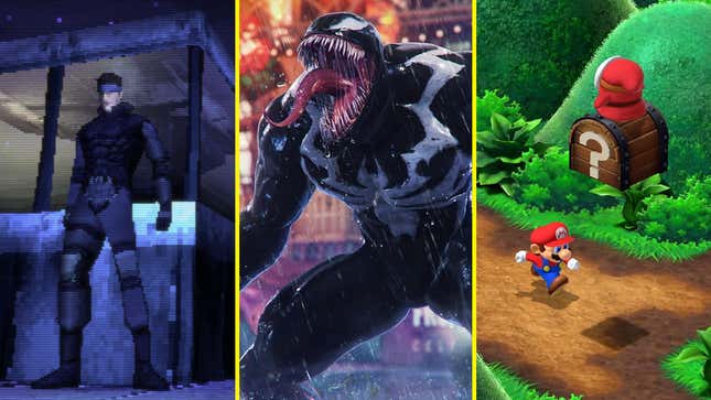 A three-way collage shows the original Metal Gear Solid, Venom from Spider-Man 2, and the Super Mario RPG remake.