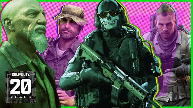 A collection of Call of Duty characters throughout history set against a purple and green background.