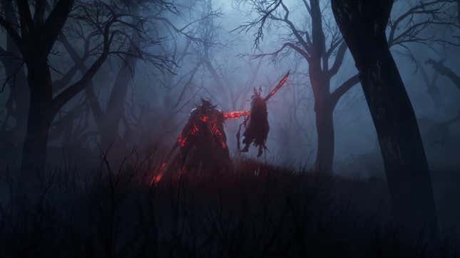 A character impales the protagonist with a sword in the woods.