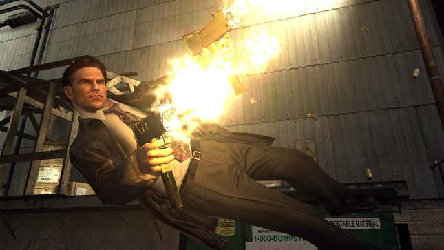 Max Payne fires two SMGs while diving to the side.