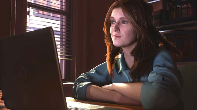 Mary Jane "MJ" Watson sits in front of her computer at the end of Marvel's Spider-Man 2.