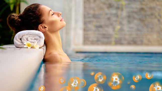 A woman relaxes in a hot tub with Bitcoin logos floating in the water.