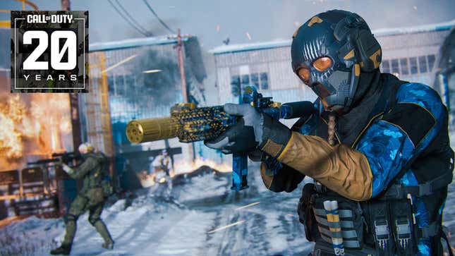 A Call of Duty operator wields a gold-tipped weapon on a snowy map. 