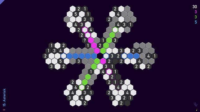 A logic puzzle composed of many dozens of different-colored hexes demands to be solved.