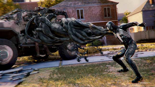 Spider-Man (in this case, Peter Parker) slams a goon against an armored car with the Symbiote Suit in Marvel's Spider-Man 2.