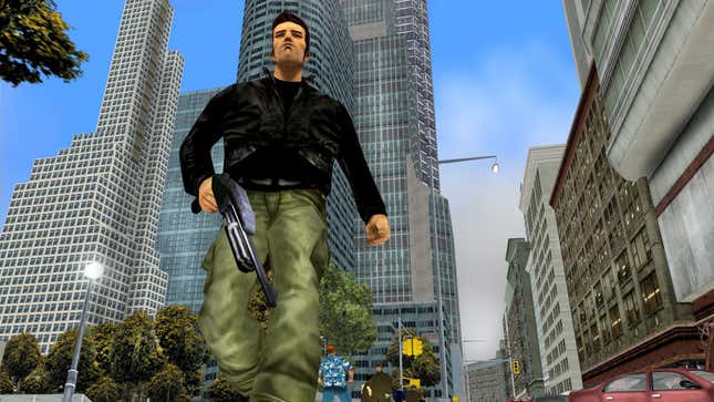 The protagonist of GTA 3 is viewed from a low angle against a backdrop of skyscrapers.