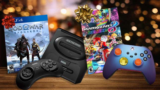 God of War Ragnarok, the Sega Genesis Mini 2, Mario Kart 8 Deluxe, and an Xbox controller are lined up against a Christmas-themed background.