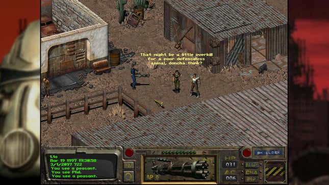 NPCs in a Fallout town comment on your choice of weaponry.