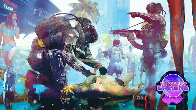 Para-military medics try to revive a local citizen in Cyberpunk 2077. 