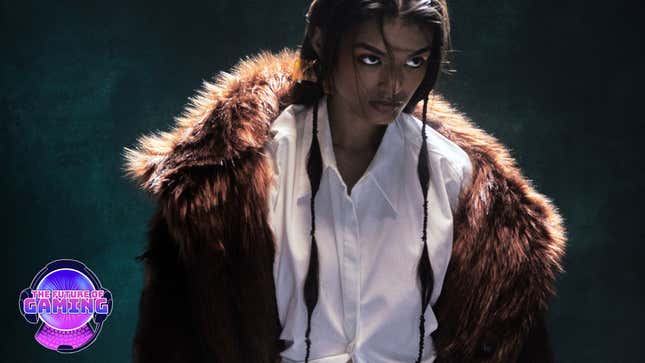 A model wearing a faux fur coat and white button down stands against a dark green background. 