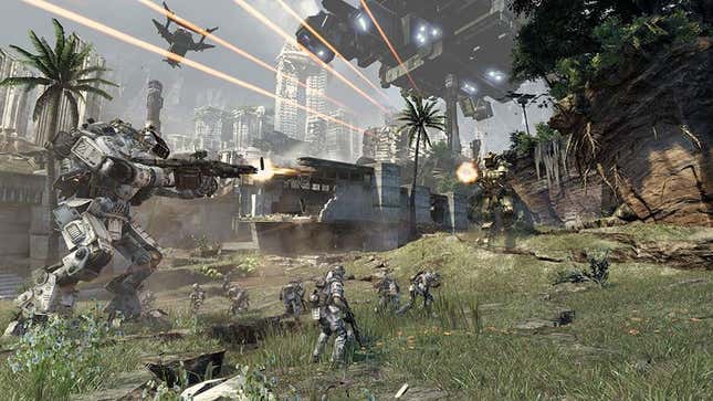 Human soldiers and mechs are seen on the same battlefield. 