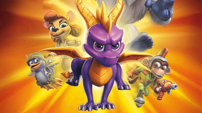 Spyro and his friends charge toward the camera.