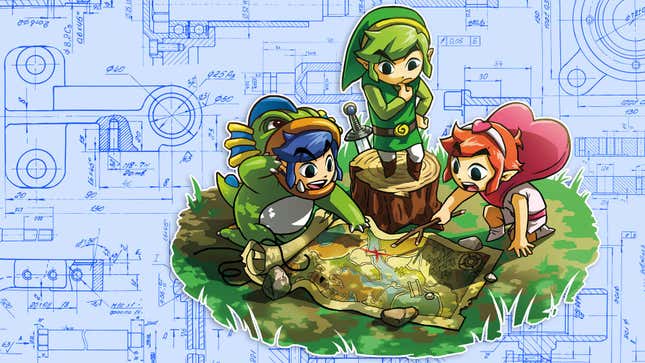 A trio of elfin heroes characters consult over a map, with a background showing blueprints.